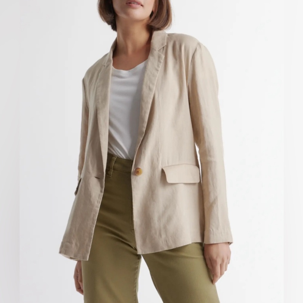 Quince Linen Blazer Driftwood Womens Medium 100% Flax Linen Weave Pockets Large